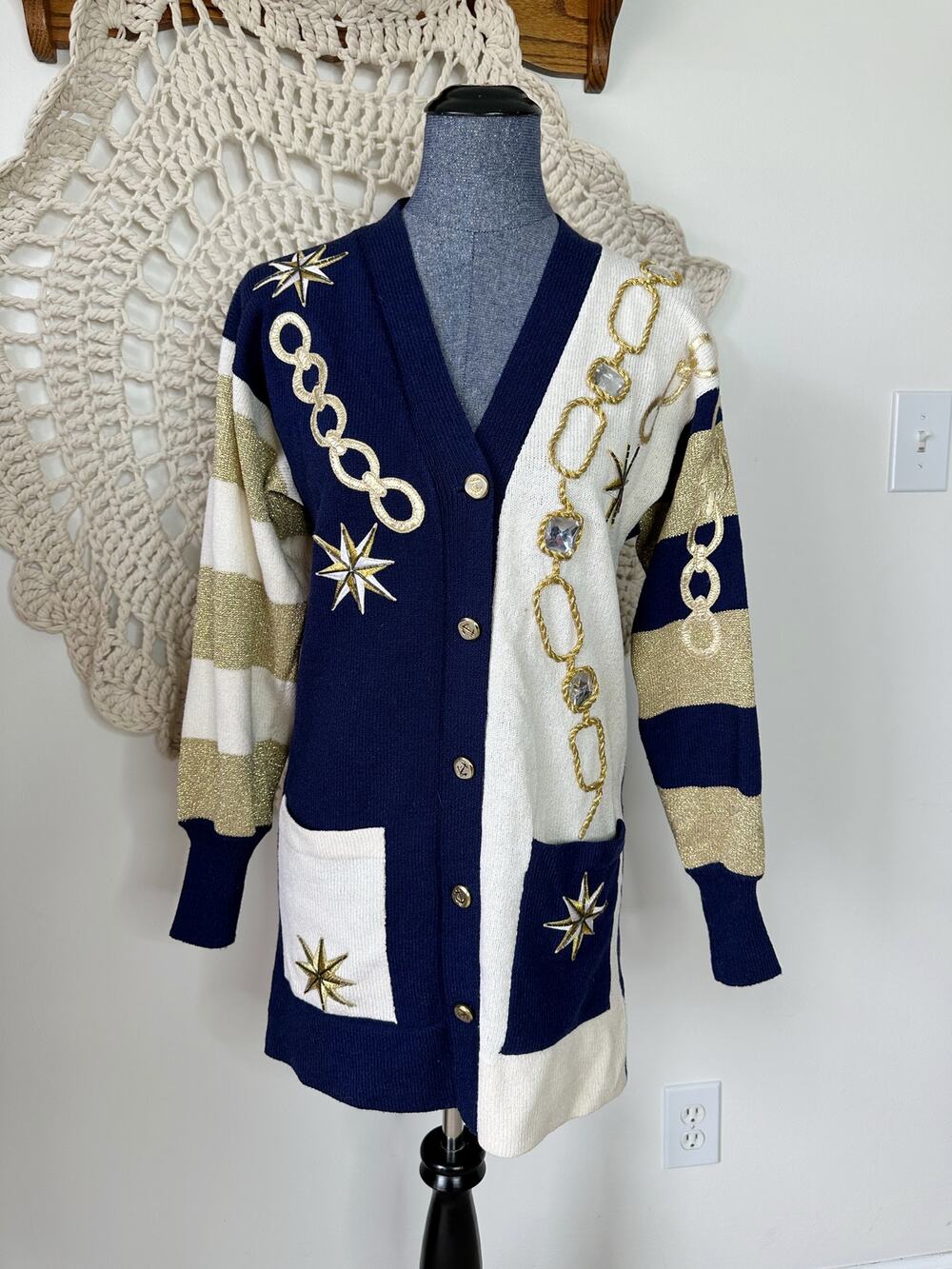 Vintage 80s Elizabeth New York Nautical Santana Knit Cardigan S/M